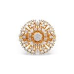 A yellow gold ring featuring a sunburst design with diamond accents, front view