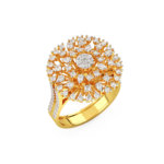 A yellow gold ring featuring a sunburst design with diamond accents, perspective view