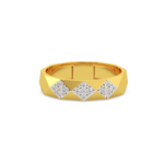 A yellow gold men's ring with a geometric design featuring diamond accents, front view