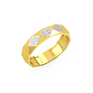 A yellow gold men's ring with a geometric design featuring diamond accents, perspective view