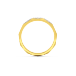 A yellow gold men's ring with a geometric design featuring diamond accents, side view