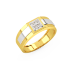 A men's ring featuring a square-shaped design with diamond accents, made in yellow and white gold, perspective view