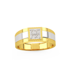 A men's ring featuring a square-shaped design with diamond accents, made in yellow and white gold, top view