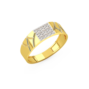 A men's ring featuring a square-shaped design with diamond accents, made in yellow and white gold, perspective view