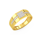 A men's ring featuring a square-shaped design with diamond accents, made in yellow and white gold, perspective view