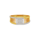 A men's ring featuring a geometric design with diamond accents, made in yellow and white gold. front view