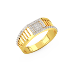 A men's ring featuring a geometric design with diamond accents, made in yellow and white gold. perspective view