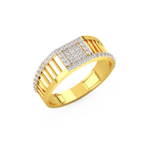 A men's ring featuring a geometric design with diamond accents, made in yellow and white gold. perspective view