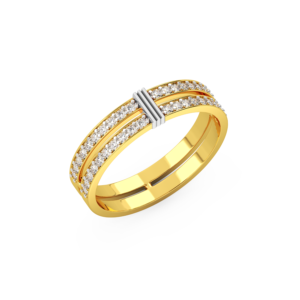 A women's ring featuring two parallel bands of diamonds, made in yellow and white gold, perspective view