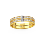 A women's ring featuring two parallel bands of diamonds, made in yellow and white gold, top view