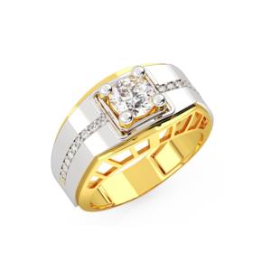 A ring featuring a square-shaped design with diamond accents, made in yellow and white gold, perspective view