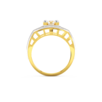 A ring featuring a square-shaped design with diamond accents, made in yellow and white gold, side view