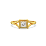 A yellow gold ring with a princess-cut diamond set in a bezel setting, front view