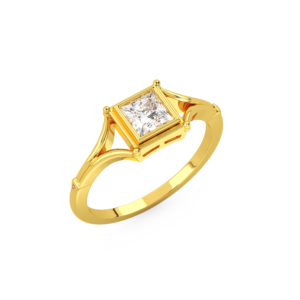 A yellow gold ring with a princess-cut diamond set in a bezel setting, perspective view