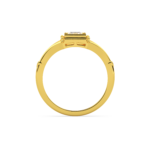 A yellow gold ring with a princess-cut diamond set in a bezel setting, side view