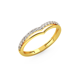 A yellow gold ring featuring a chevron design with diamond accents, perspective view