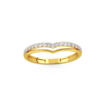 A yellow gold ring featuring a chevron design with diamond accents, top view