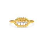 Small diamonds set in a beaded pattern on a ring.