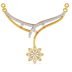 A yellow gold mangalsutra with a celestial-inspired design featuring diamond accents, zoomed view