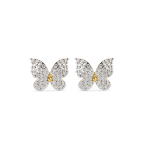 A pair of yellow gold earrings with a butterfly design featuring diamond accents, front view