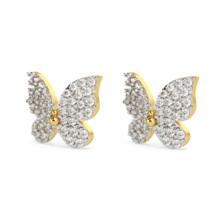 A pair of yellow gold earrings with a butterfly design featuring diamond accents, zoomed view