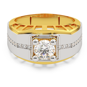 A ring featuring a square-shaped design with diamond accents, made in yellow and white gold, front view