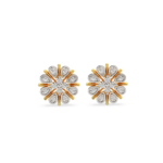 A pair of yellow gold stud earrings with a floral design featuring diamond accents, front view