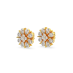 A pair of yellow gold stud earrings with a floral design featuring diamond accents, perspective view