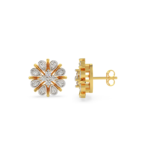 A pair of yellow gold stud earrings with a floral design featuring diamond accents, side view