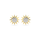 A pair of yellow gold earrings with a sunburst design featuring diamond accents, front view