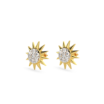 A pair of yellow gold earrings with a sunburst design featuring diamond accents, perspective view