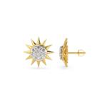 A pair of yellow gold earrings with a sunburst design featuring diamond accents, side view