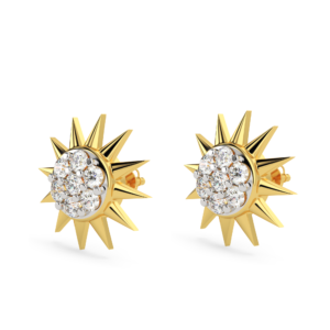 A pair of yellow gold earrings with a sunburst design featuring diamond accents, zoomed view