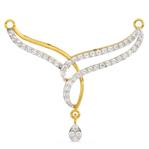 A yellow gold mangalsutra with a diamond-studded pendant and curved design, zoomed view