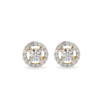 A pair of yellow gold stud earrings with a double halo diamond design, front view