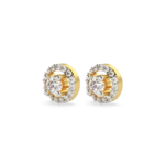 A pair of yellow gold stud earrings with a double halo diamond design, perspective view
