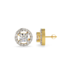 A pair of yellow gold stud earrings with a double halo diamond design, side view