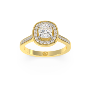 A cushion-cut diamond surrounded by two halos of smaller diamonds.