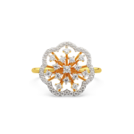 A yellow gold ring featuring a floral design with diamond accents, front view