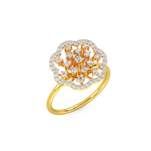 A yellow gold ring featuring a floral design with diamond accents, perspective view