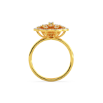 A yellow gold ring featuring a floral design with diamond accents, side view