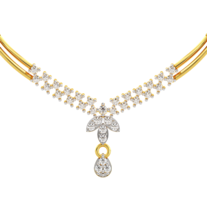 A yellow gold mangalsutra with a floral design featuring diamond accents, zoomed view