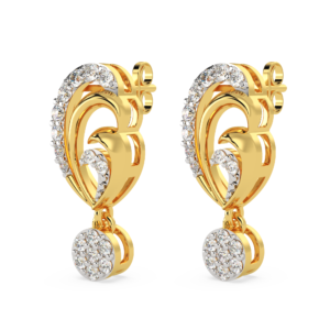 A pair of yellow gold drop earrings with a flowing wave design featuring diamond accents, zoomed view