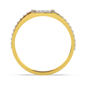 A men's ring featuring a geometric design with diamond accents, made in yellow and white gold. zoomed view