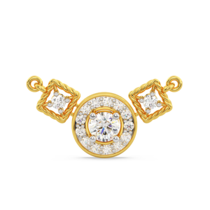 A yellow gold pendant with a geometric design featuring a central diamond surrounded by smaller diamonds, zoomed view