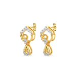 A pair of yellow gold earrings with a heart shape featuring diamond accents, perspective view