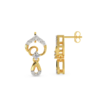 A pair of yellow gold earrings with a heart shape featuring diamond accents, side view