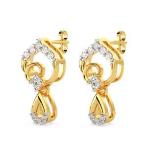 A pair of yellow gold earrings with a heart shape featuring diamond accents, zoomed view