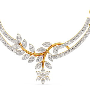 A yellow gold mangalsutra with a leaf design and diamond accents, zoomed view