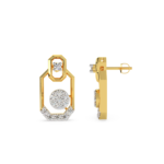 A pair of yellow gold earrings with a geometric octagon shape featuring diamond accents, side view